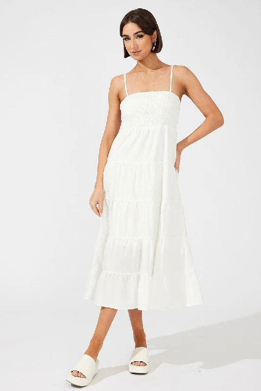 Casual Women's Clothing White Midi Dress Sleeveless Tiered