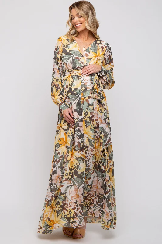 Vintage Women's Fashion Yellow Floral Chiffon Wrap Front V-Neck Long Sleeve Maternity Maxi Dress