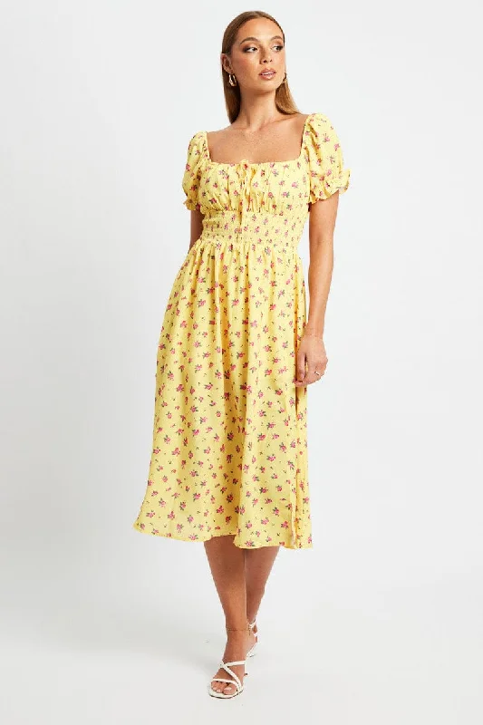 Women's Professional Apparel Yellow Floral Midi Dress Short Sleeve Ruched Bust