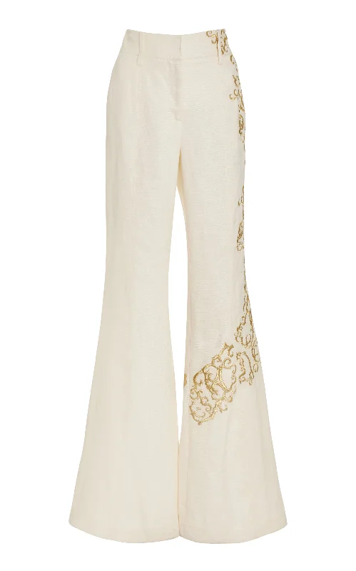 Charming Everyday Clothing For Women Rhein Embroidered Pant in Ivory Textured Linen