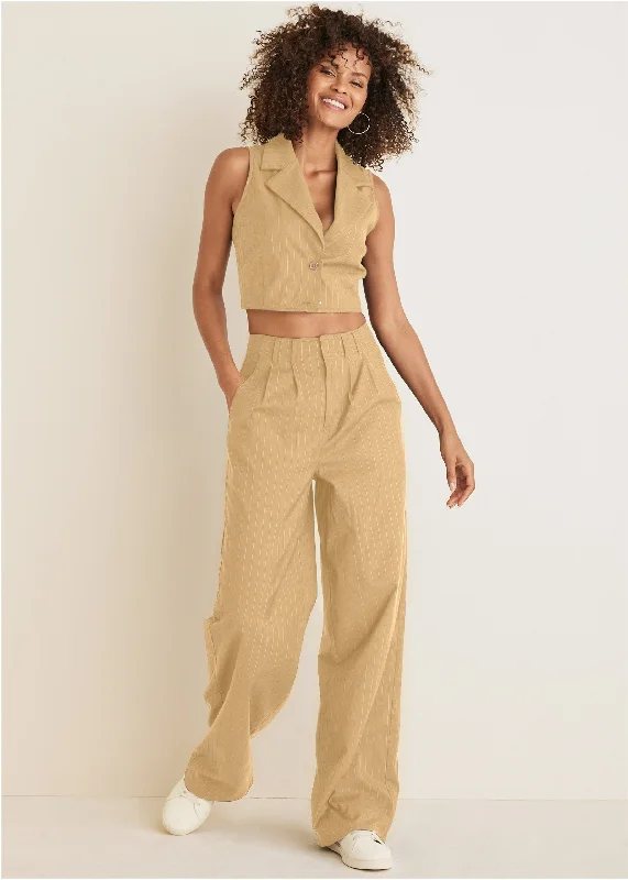 Women's Everyday Apparel Sleeveless Cropped Suit Set - Camel